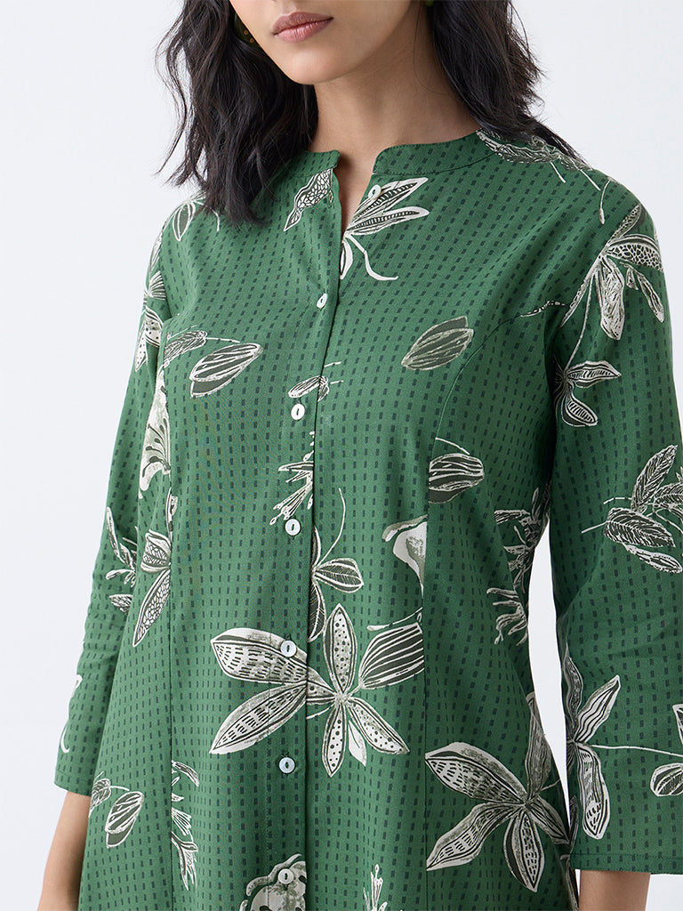 Utsa Green Botanical Printed Cotton-Blend A-Line Kurta