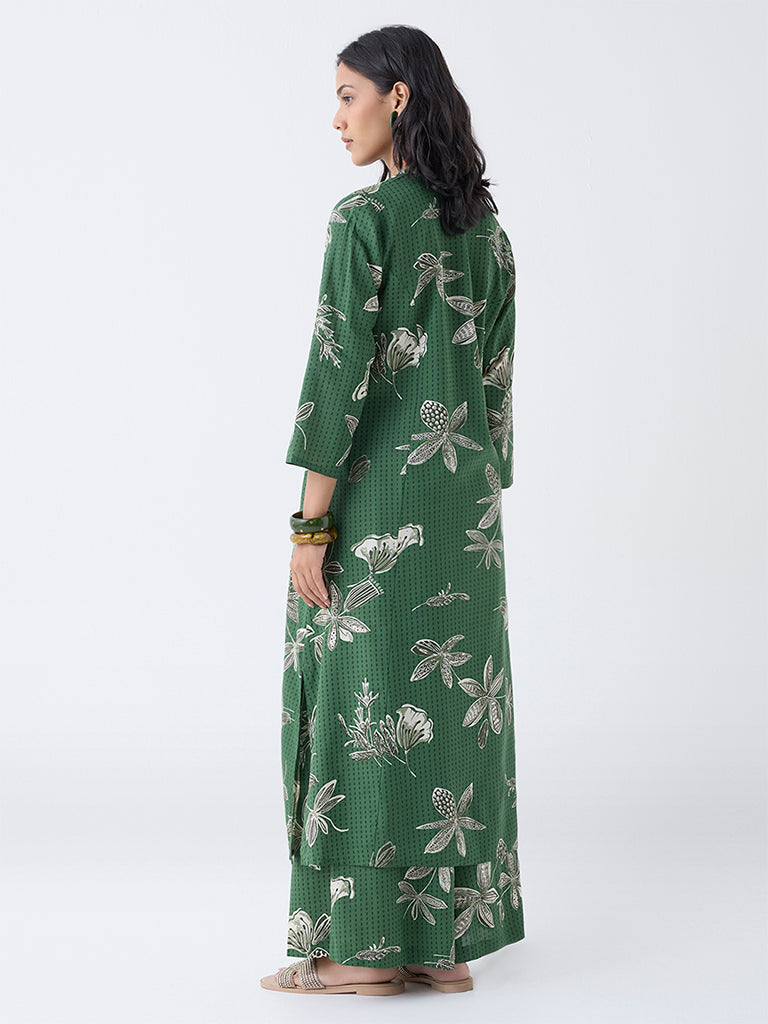 Utsa Green Botanical Printed Cotton-Blend A-Line Kurta