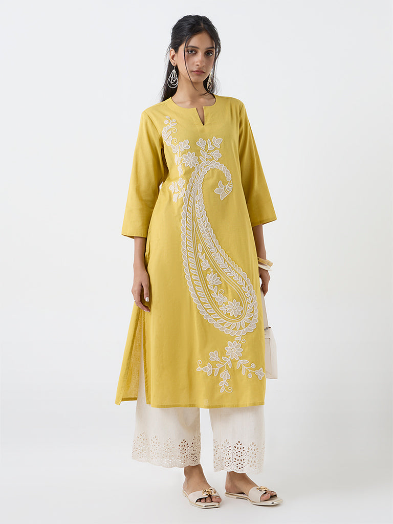 Utsa Yellow Paisley Embroidered Cotton-Blend A-Line Kurta