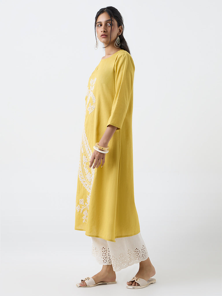 Utsa Yellow Paisley Embroidered Cotton-Blend A-Line Kurta