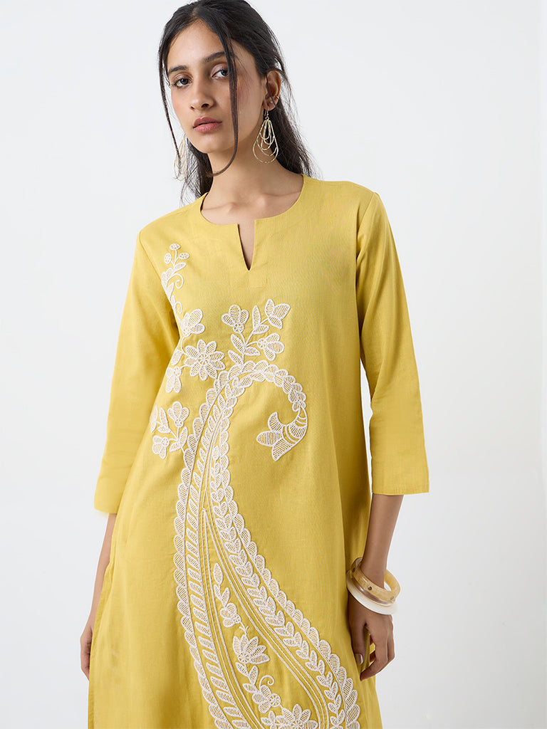 Utsa Yellow Paisley Embroidered Cotton-Blend A-Line Kurta