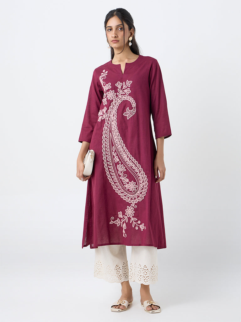 Utsa Plum Paisley Embroidered Cotton-Blend A-Line Kurta