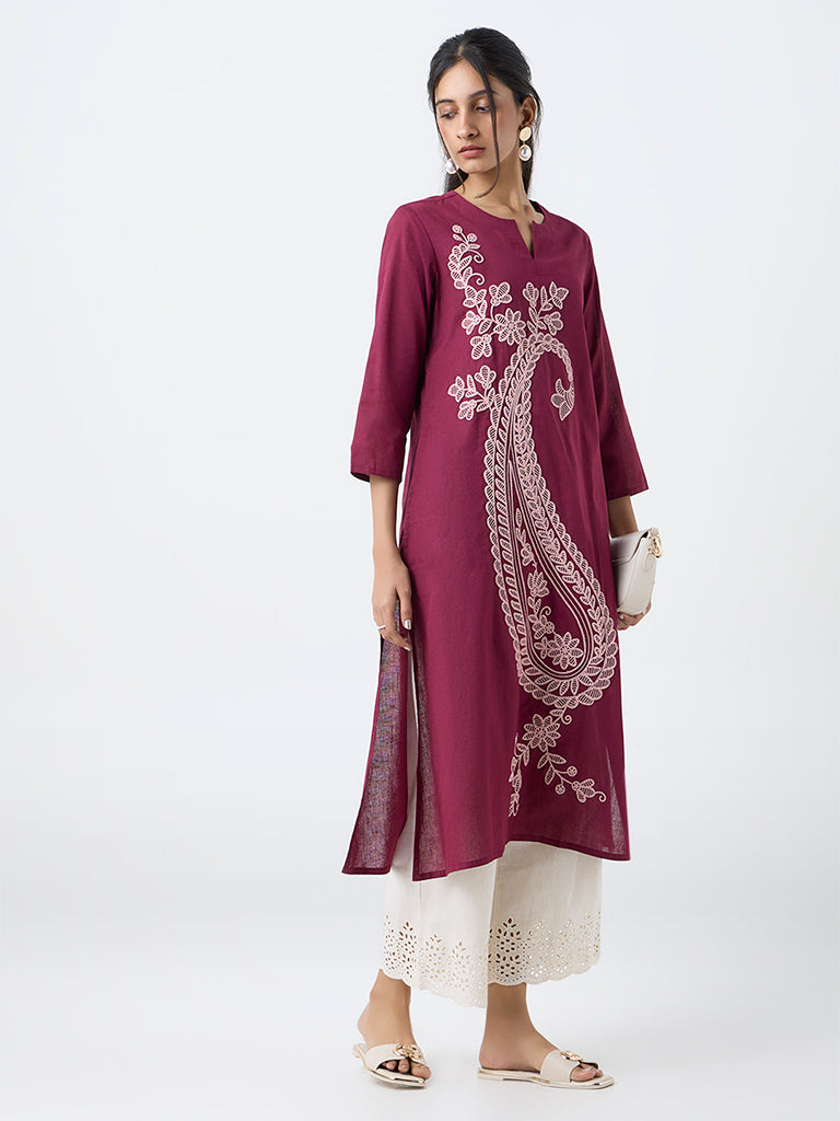 Utsa Plum Paisley Embroidered Cotton-Blend A-Line Kurta