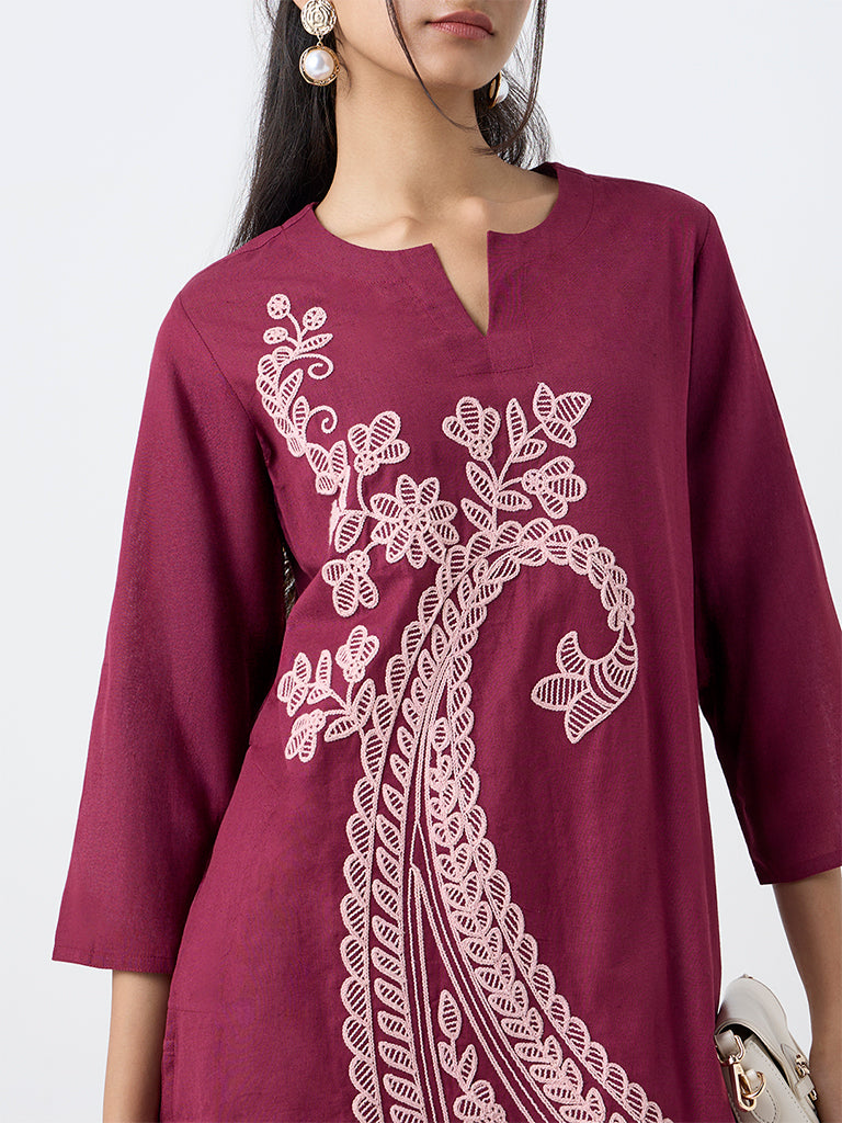 Utsa Plum Paisley Embroidered Cotton-Blend A-Line Kurta