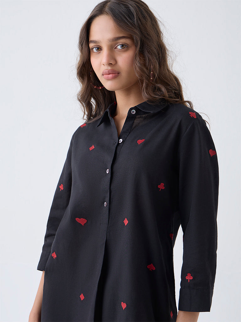Utsa Black Embroidered Cotton-Blend High-Low Kurta
