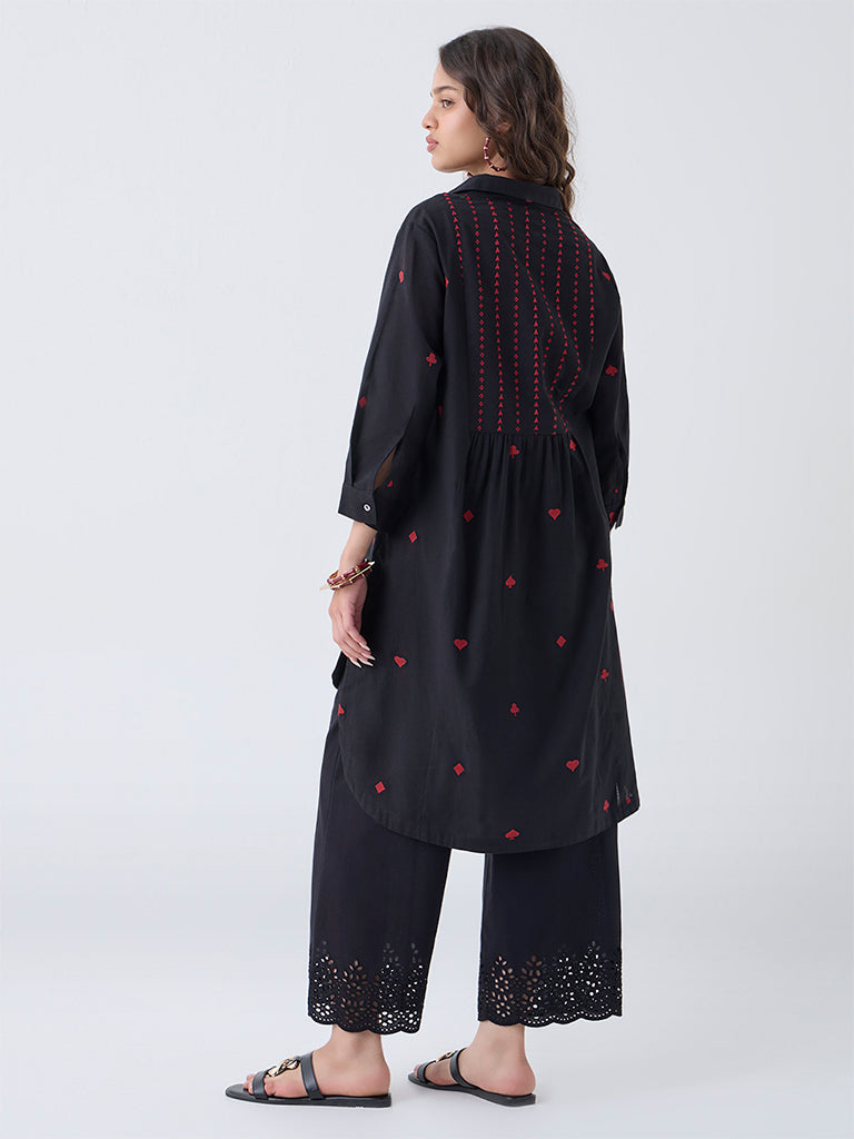 Utsa Black Embroidered Cotton-Blend High-Low Kurta
