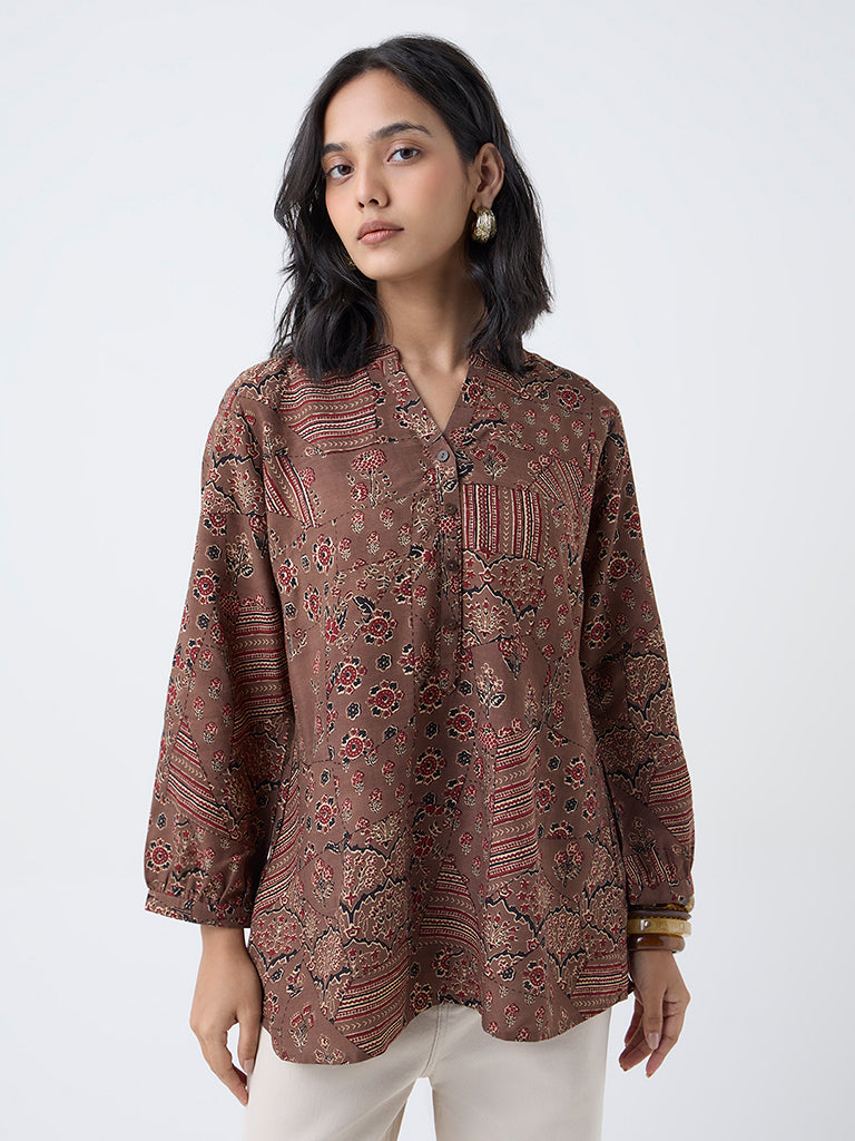 Utsa Brown Floral Design Tunic