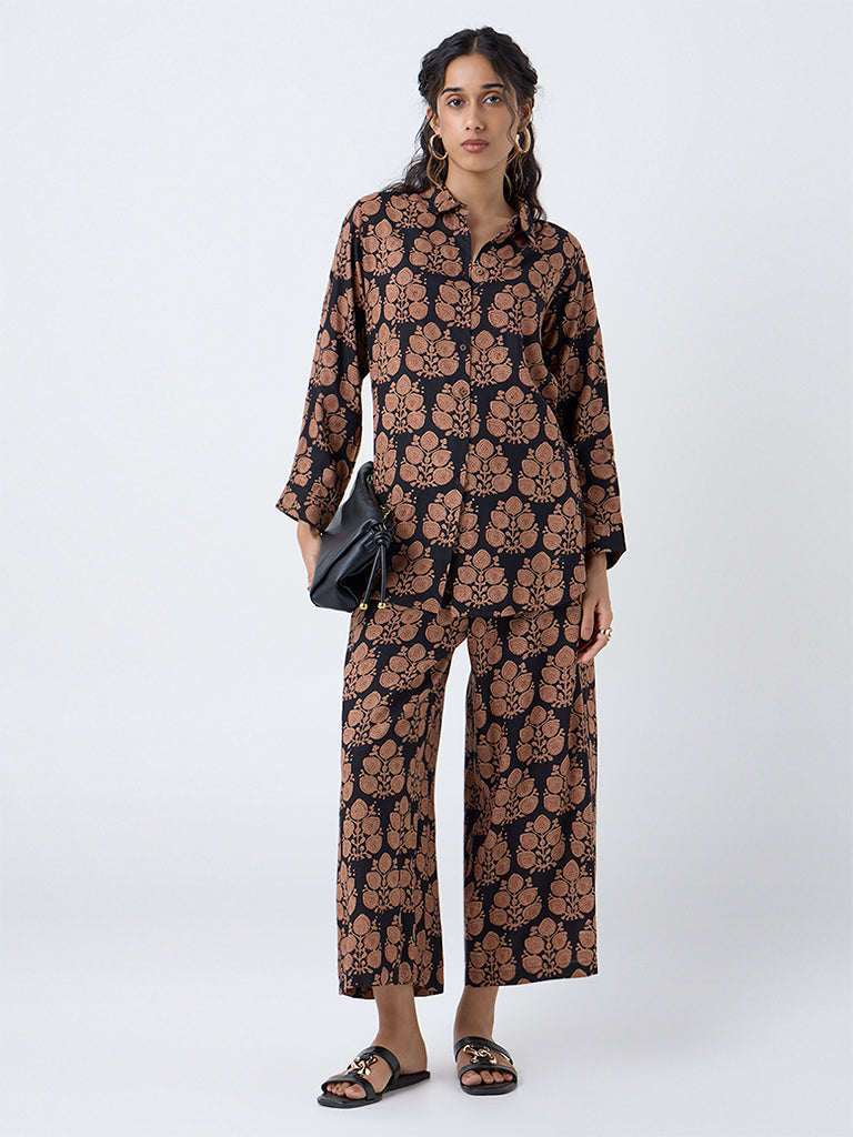 Utsa Black Botanical Printed Palazzos