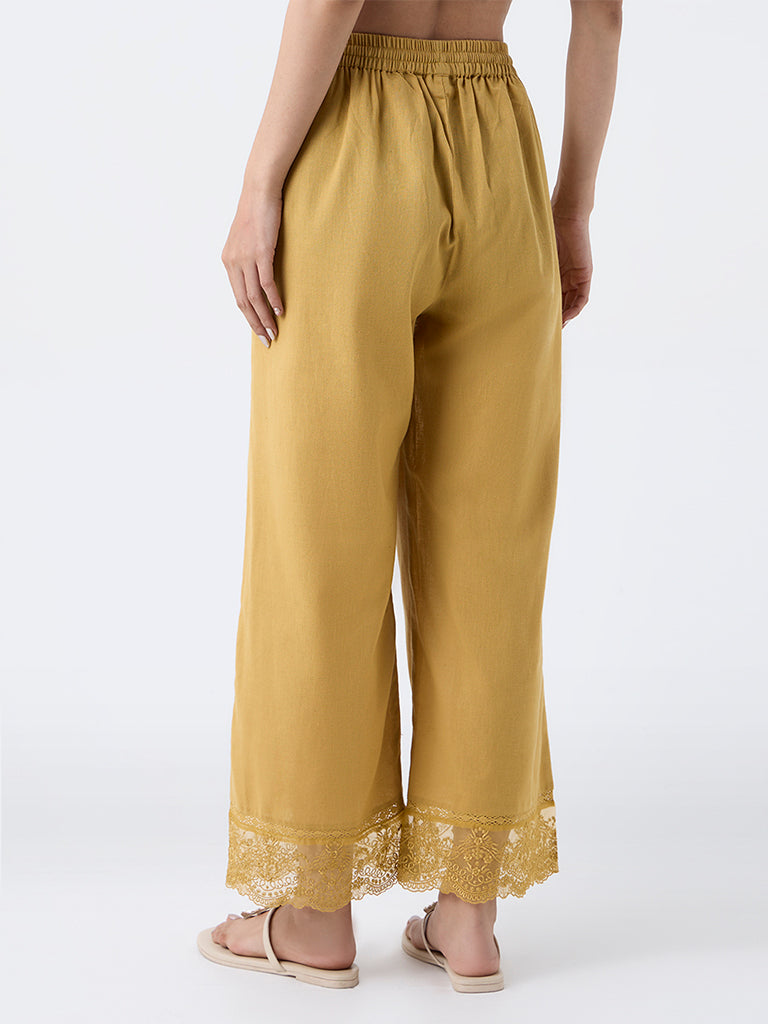 Utsa Mustard Lace-Detailed Cotton-Blend Ethnic Pants