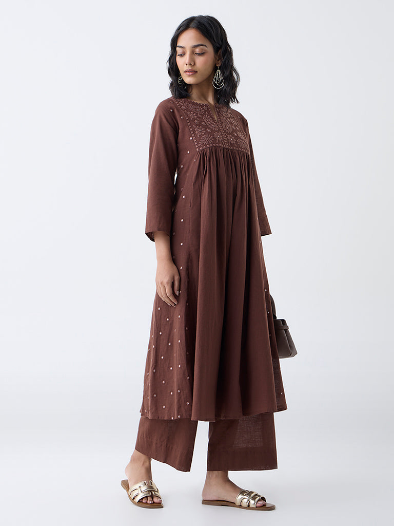 Utsa Brown Embroidered Cotton Anarkali Kurta