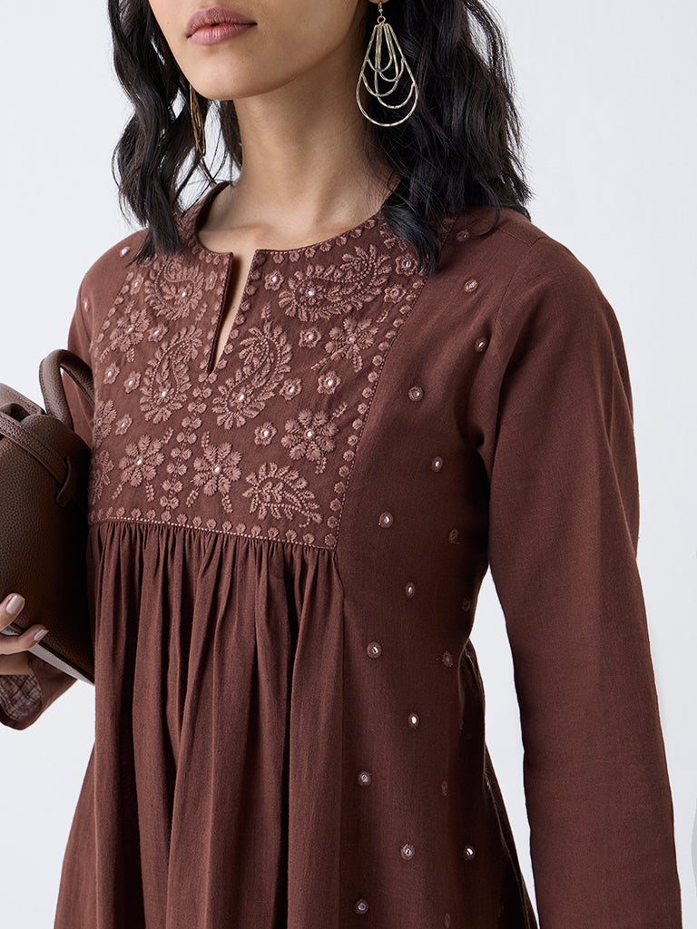 Utsa Brown Embroidered Cotton Anarkali Kurta