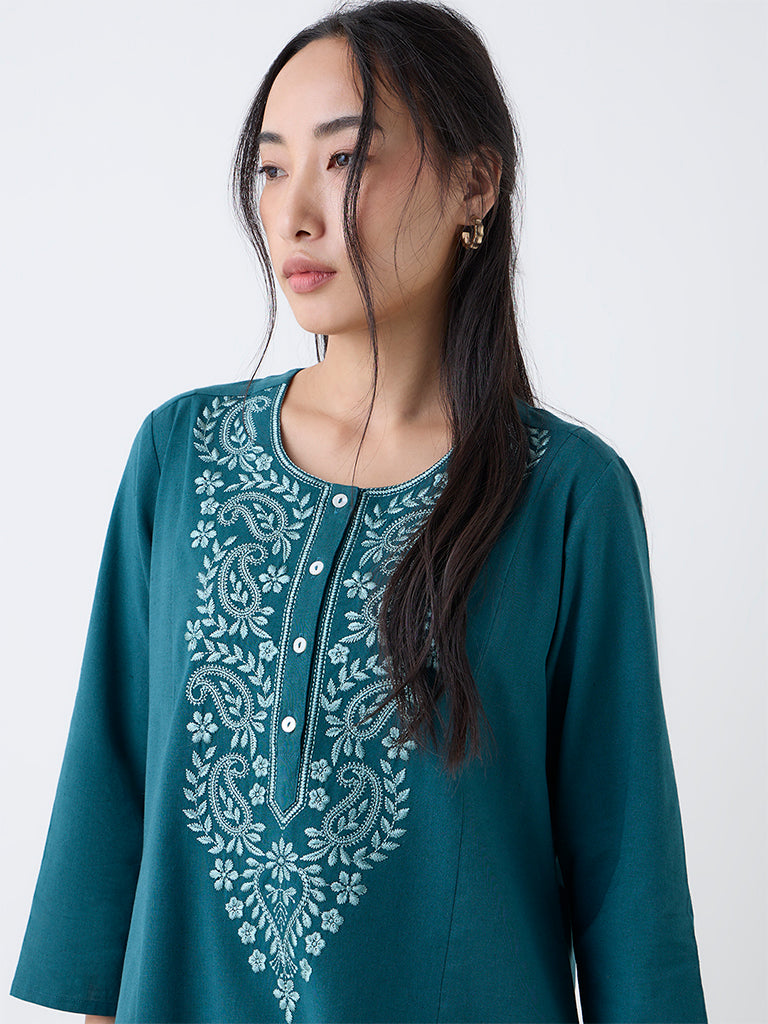 Utsa Teal Paisley Embroidered Cotton-Blend A-Line Kurta
