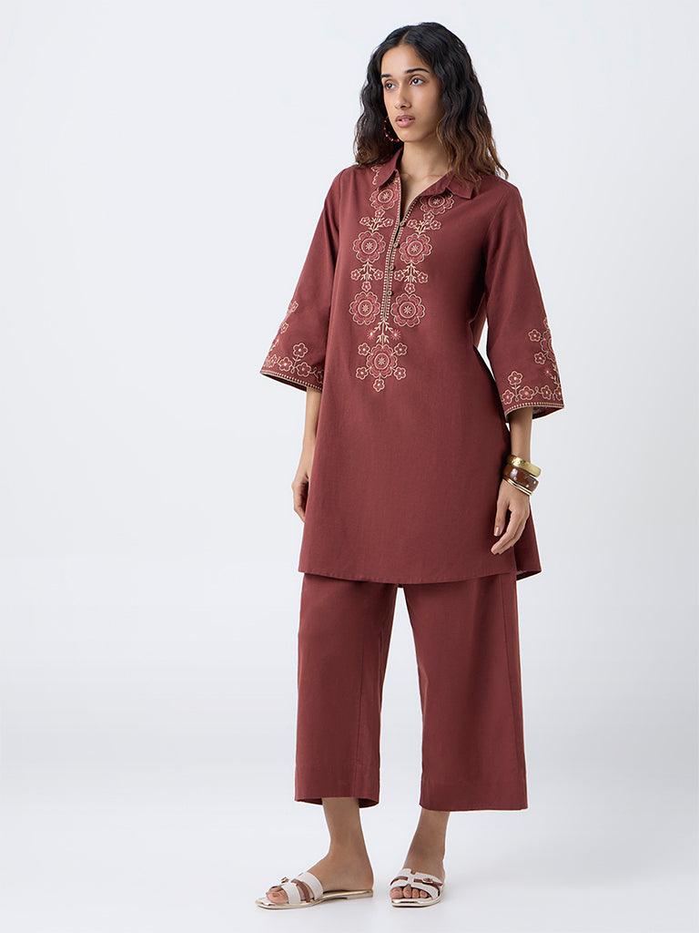 Utsa Rust Floral Embroidered Cotton-Blend A-Line Kurta