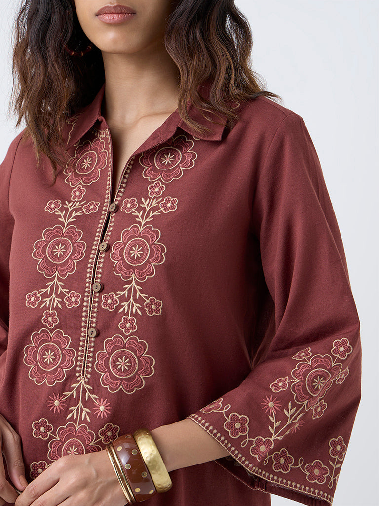 Utsa Rust Floral Embroidered Cotton-Blend A-Line Kurta