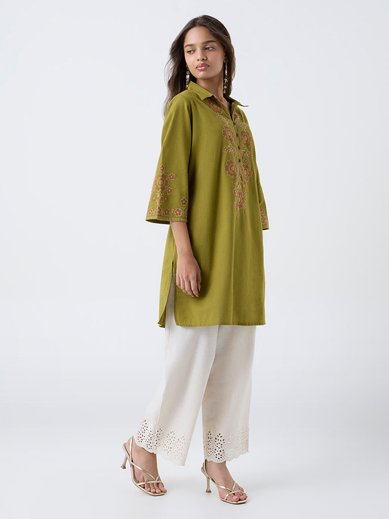 Utsa Lime Floral Embroidered Cotton-Blend A-Line Kurta
