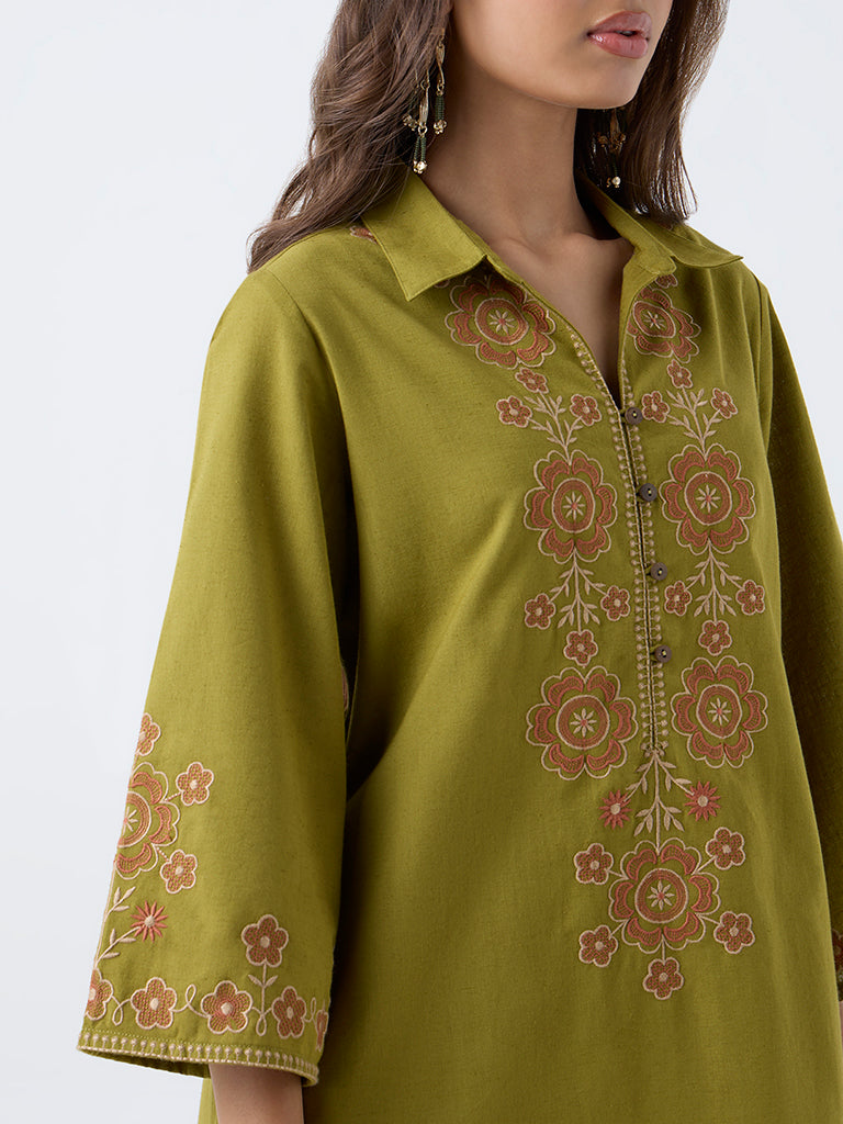 Utsa Lime Floral Embroidered Cotton-Blend A-Line Kurta