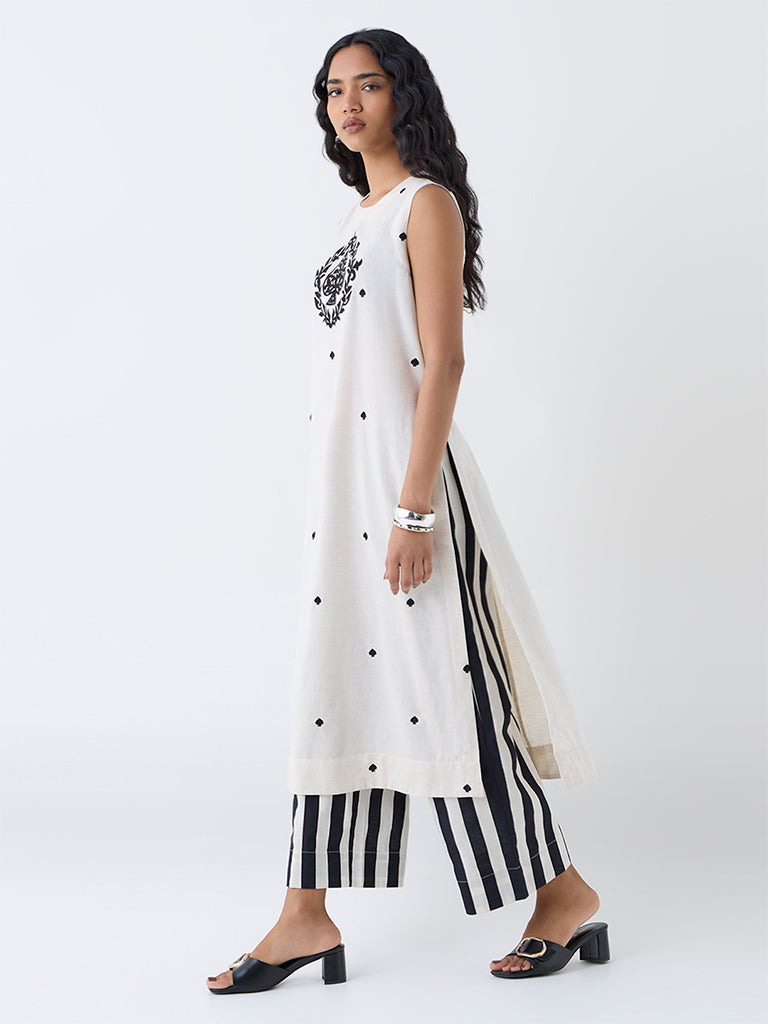 Utsa Off-White Embroidered Cotton-Blend A-Line Kurta