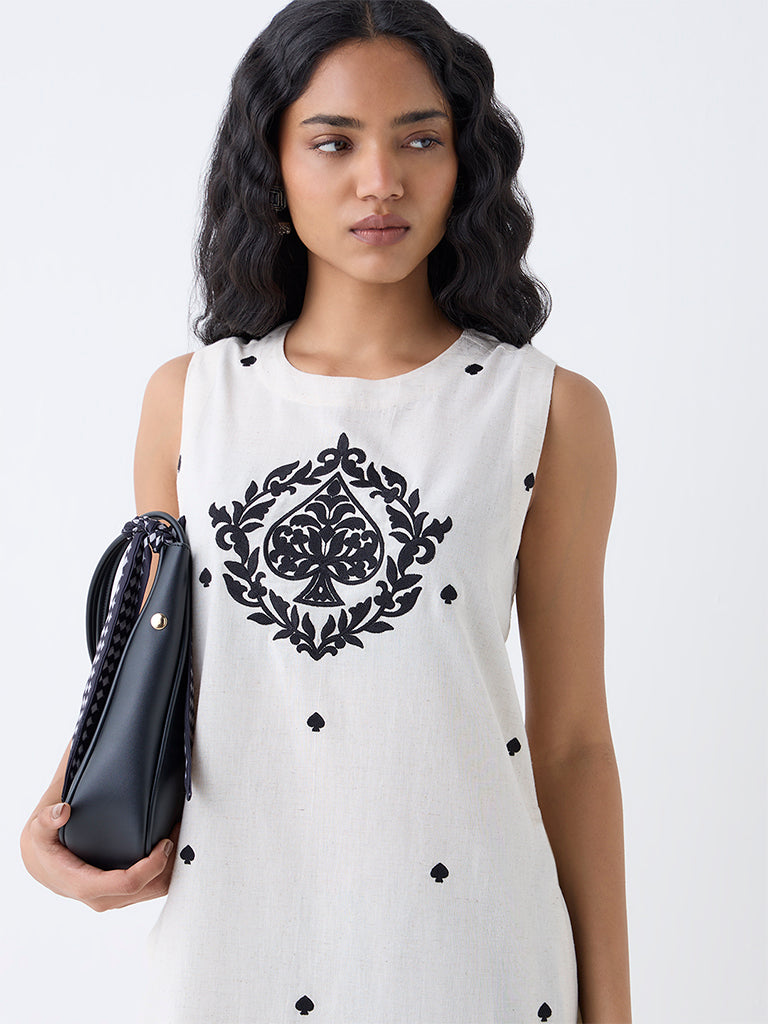 Utsa Off-White Embroidered Cotton-Blend A-Line Kurta