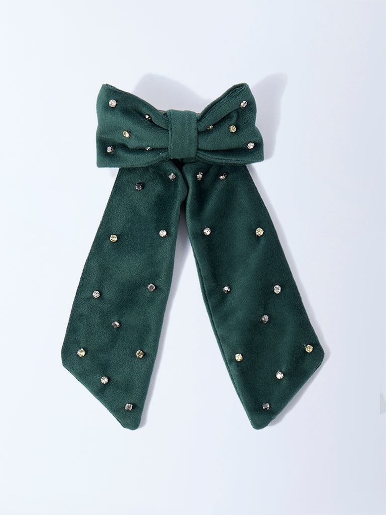 Westside Accessories Emerald Green Diamante Velvet Bow Clip