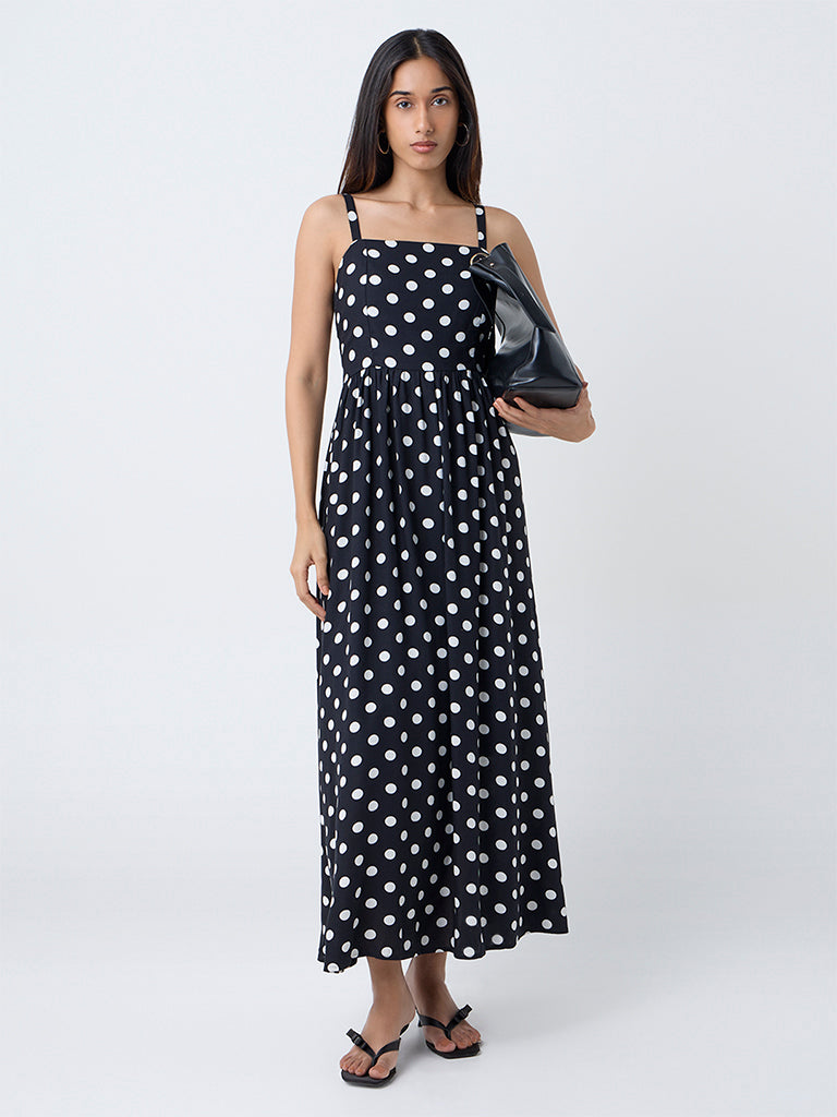LOV Black Polka Dotted Cotton A-Line Dress
