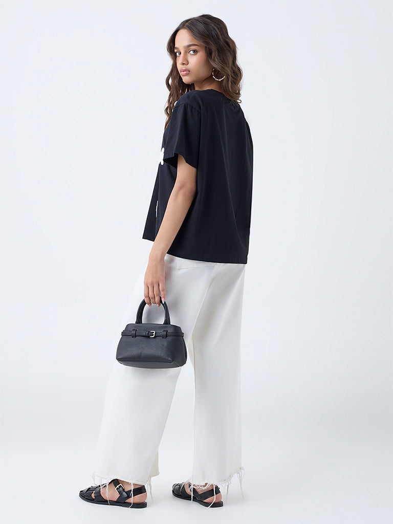 LOV Black Floral Embroidered Cotton T-Shirt
