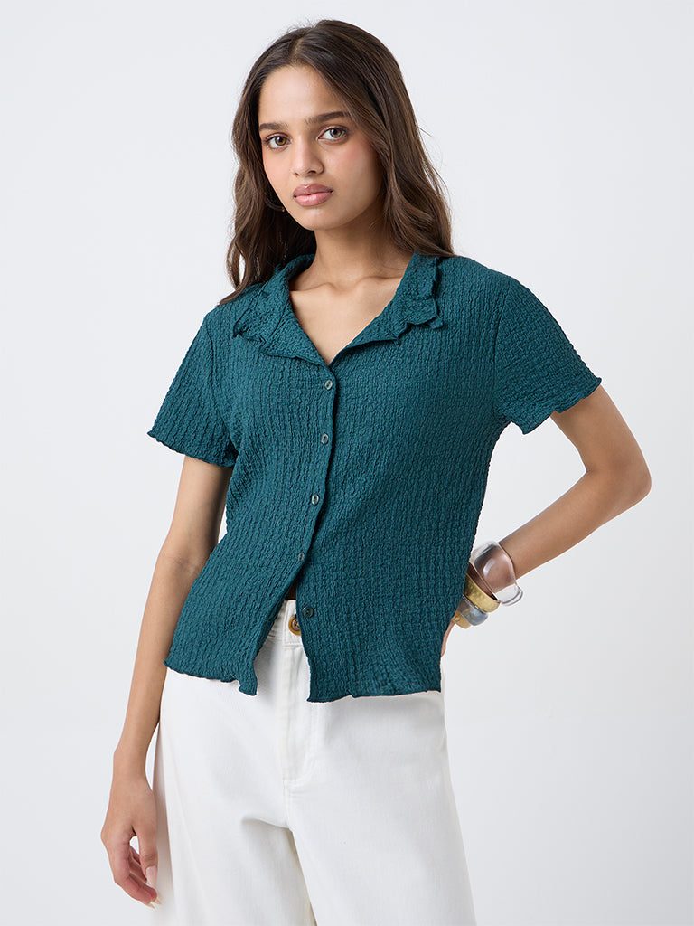 LOV Teal Crinkle-Textured Shirt