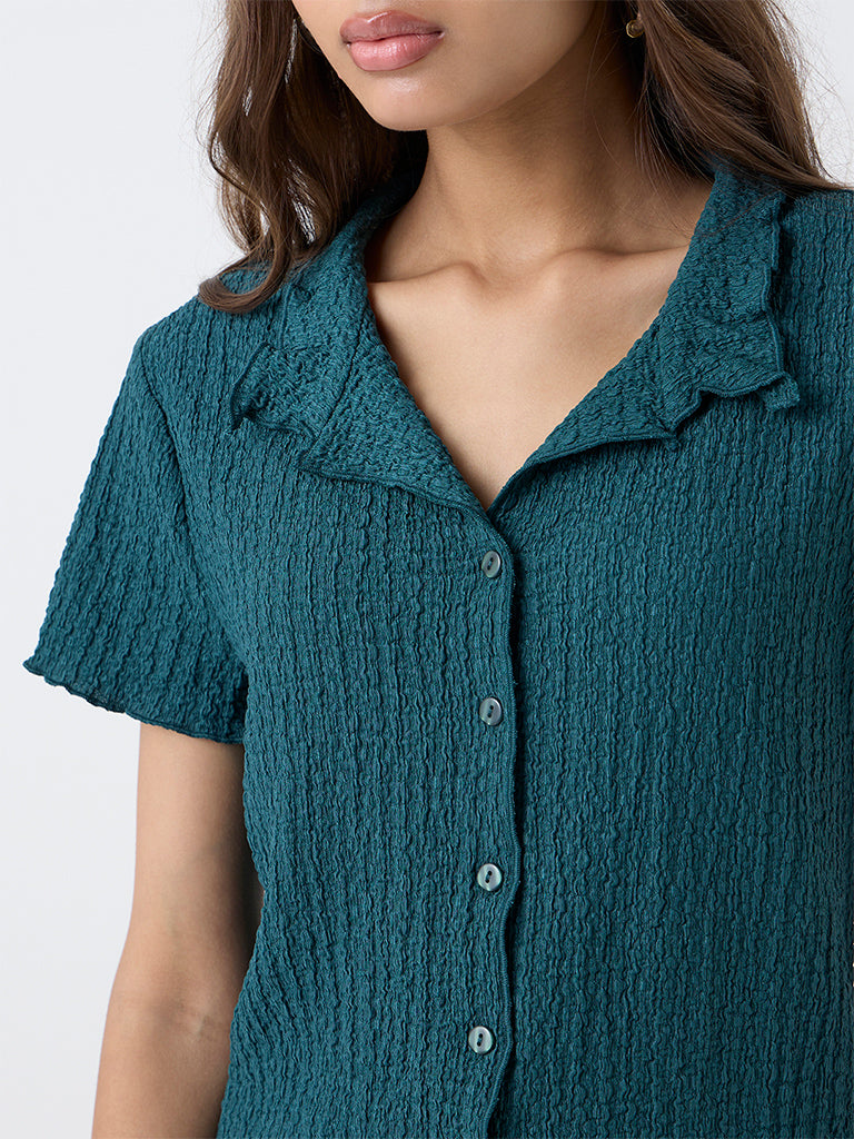 LOV Teal Crinkle-Textured Shirt