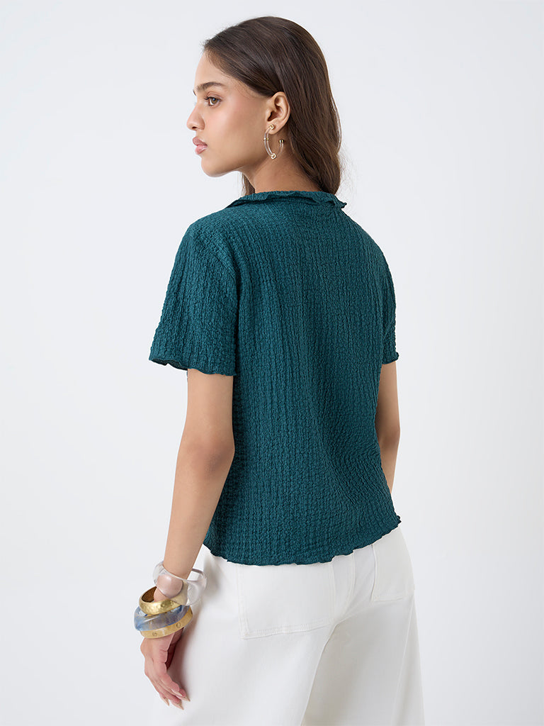LOV Teal Crinkle-Textured Shirt