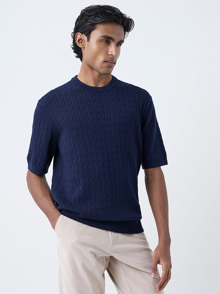 Ascot Navy Cable-Knit Relaxed-Fit Cotton T-Shirt