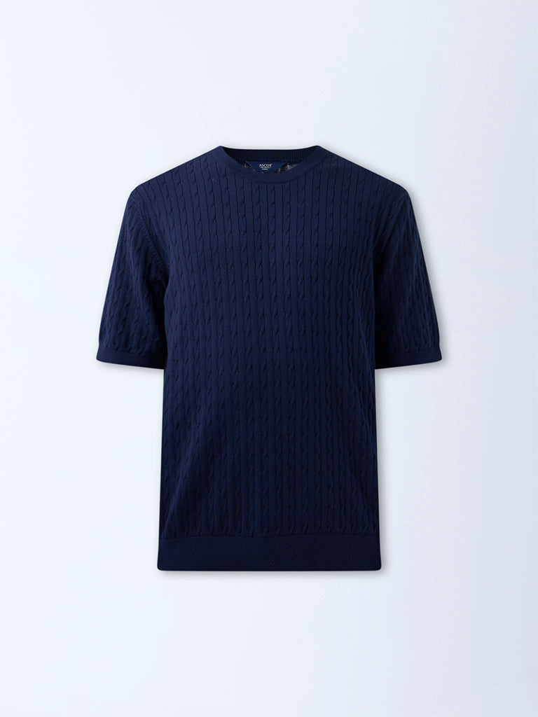 Ascot Navy Cable-Knit Relaxed-Fit Cotton T-Shirt
