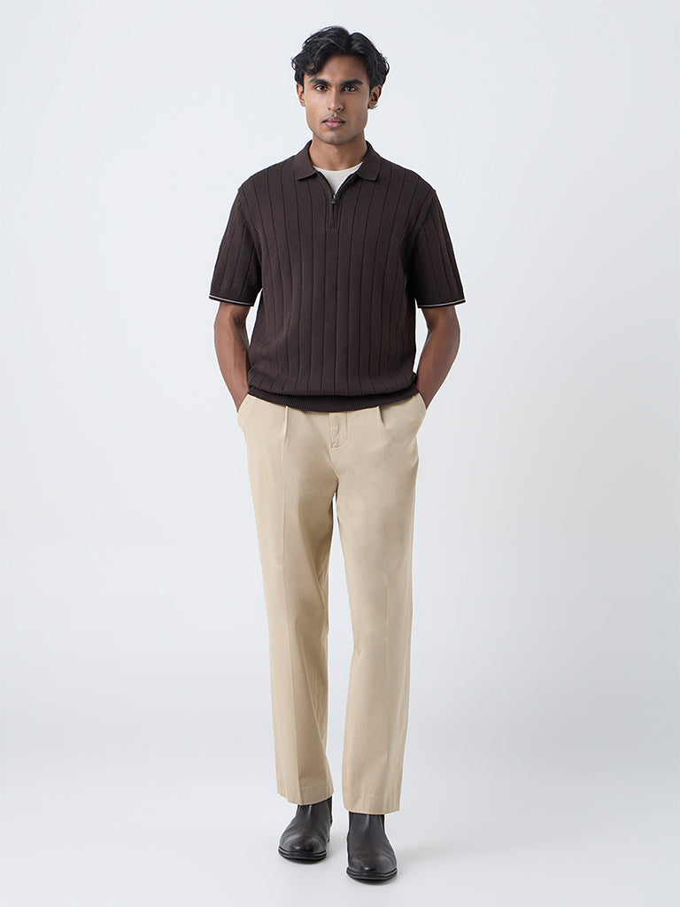 Ascot Dark Brown Relaxed-Fit Quarter-Zip Cotton-Blend Polo T-Shirt