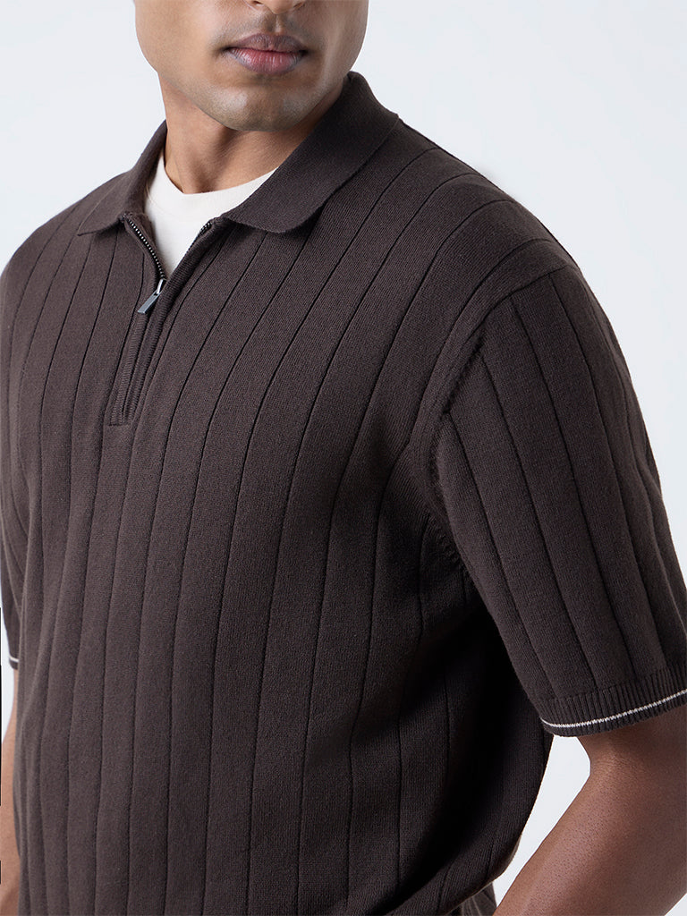 Buy Ascot Dark Brown Relaxed-Fit Quarter-Zip Cotton-Blend Polo T