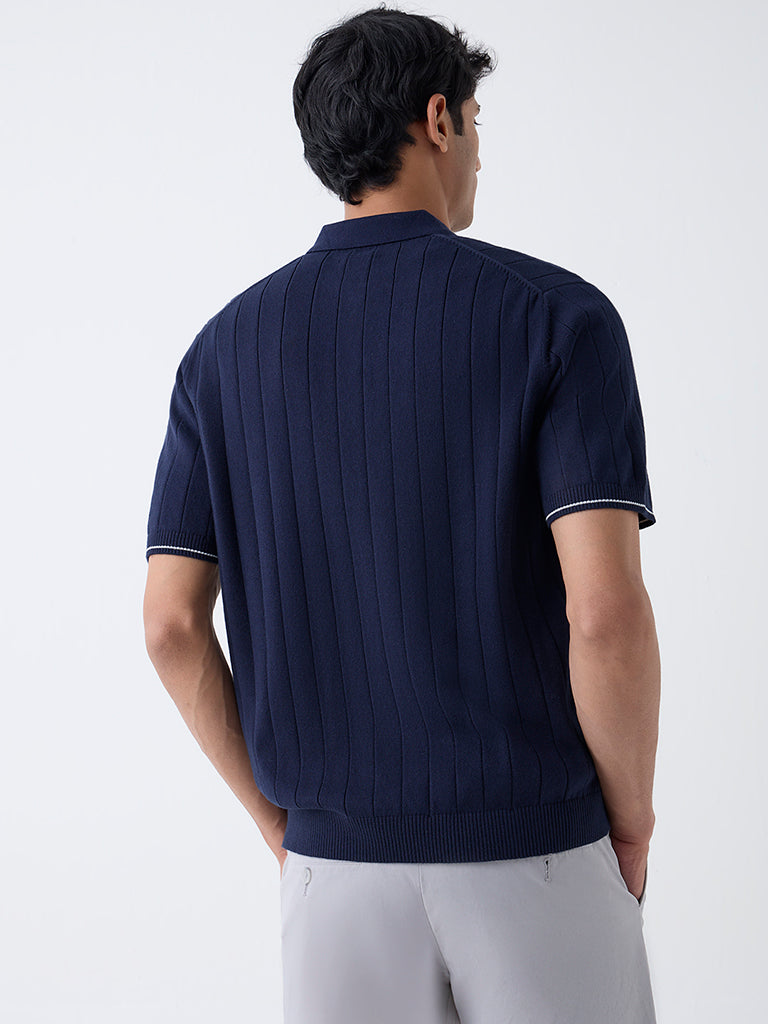 Buy Ascot Navy Relaxed-Fit Cotton-Blend Quarter-Zip Polo T-Shirt