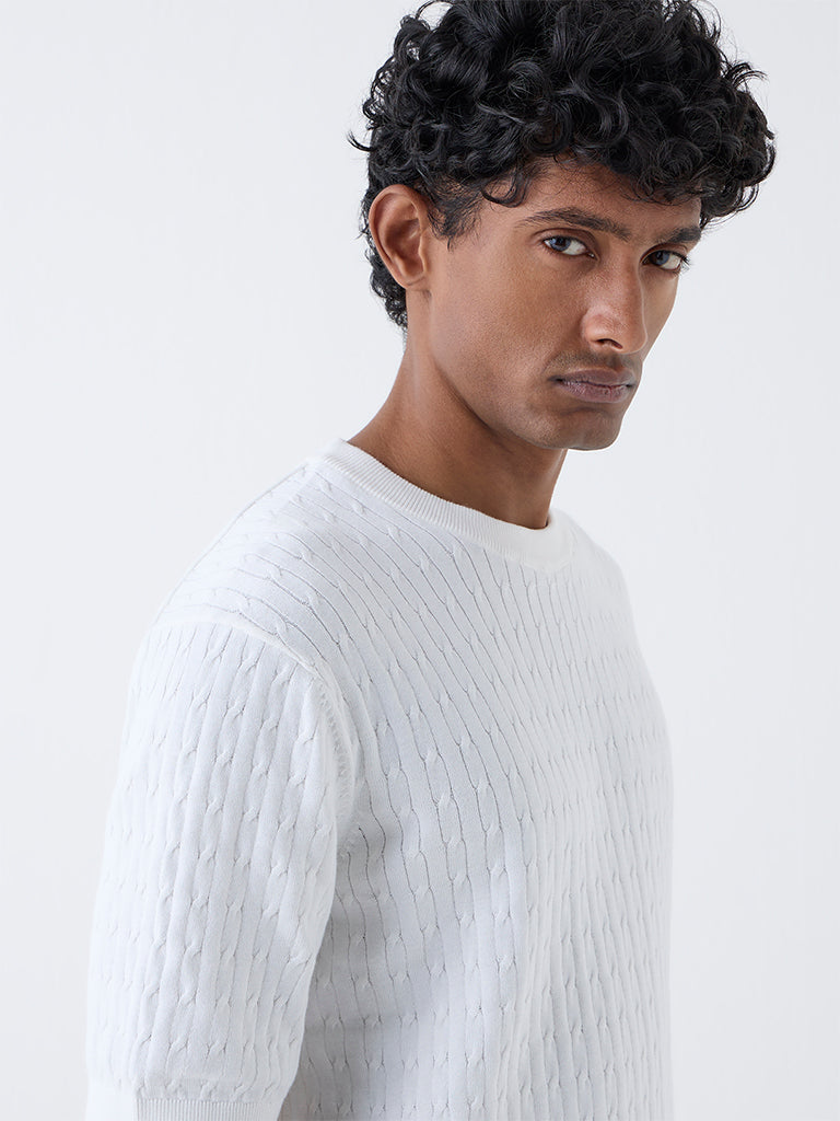 Ascot White Cable Knit Relaxed-Fit Cotton T-Shirt