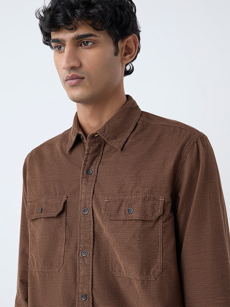 WES Casuals Brown Textured Relaxed-Fit Cotton Shirt