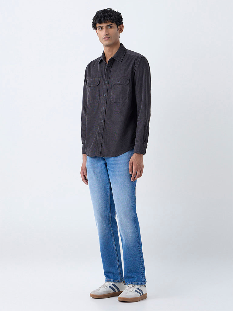 WES Casuals Charcoal Textured Relaxed-Fit Cotton Shirt