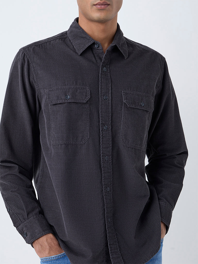 WES Casuals Charcoal Textured Relaxed-Fit Cotton Shirt