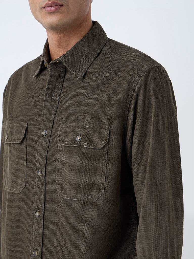 WES Casuals Olive Textured Relaxed-Fit Cotton Shirt