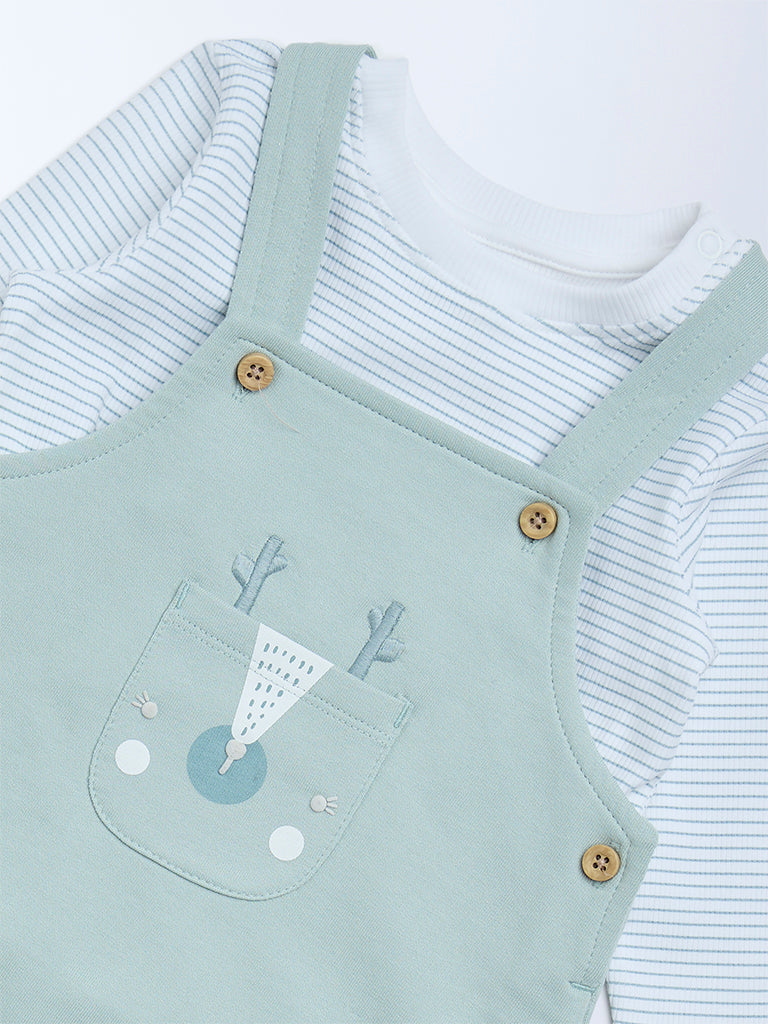 HOP Baby Sage Embroidered Cotton Dungaree and T-Shirt Set