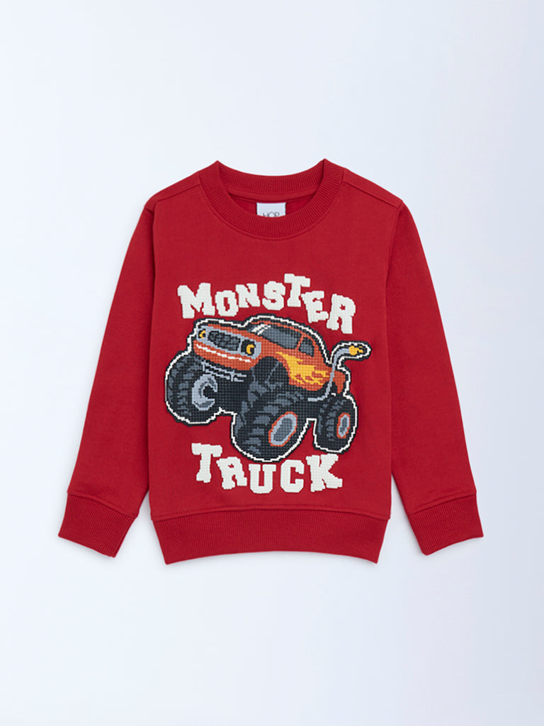 HOP Kids Boys Red Truck Printed Cotton-Blend Sweatshirt