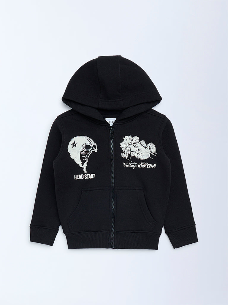 HOP Kids Boys Black Printed Cotton-Blend Hooded Jacket