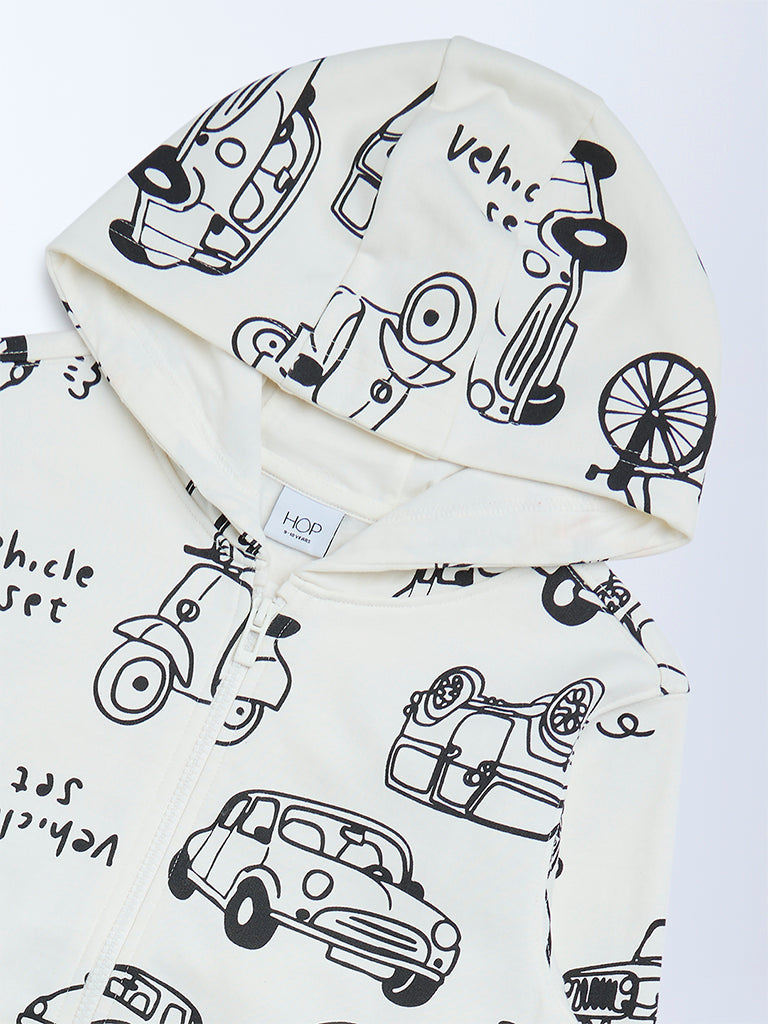 HOP Kids Boys White Printed Cotton-Blend Hooded Jacket
