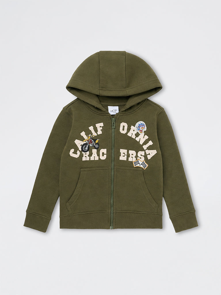 HOP Kids Boys Dark Olive Printed Cotton-Blend Hooded Sweatshirt