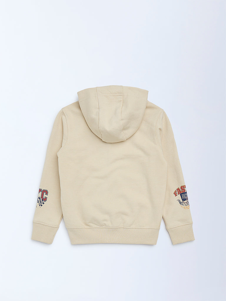 HOP Kids Boys Beige Printed Cotton-Blend Hooded Jacket