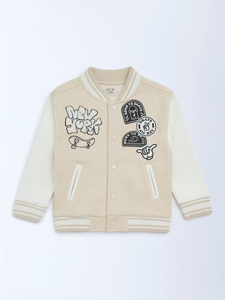 HOP Kids Boys Light Beige Printed Cotton-Blend Varsity Jacket