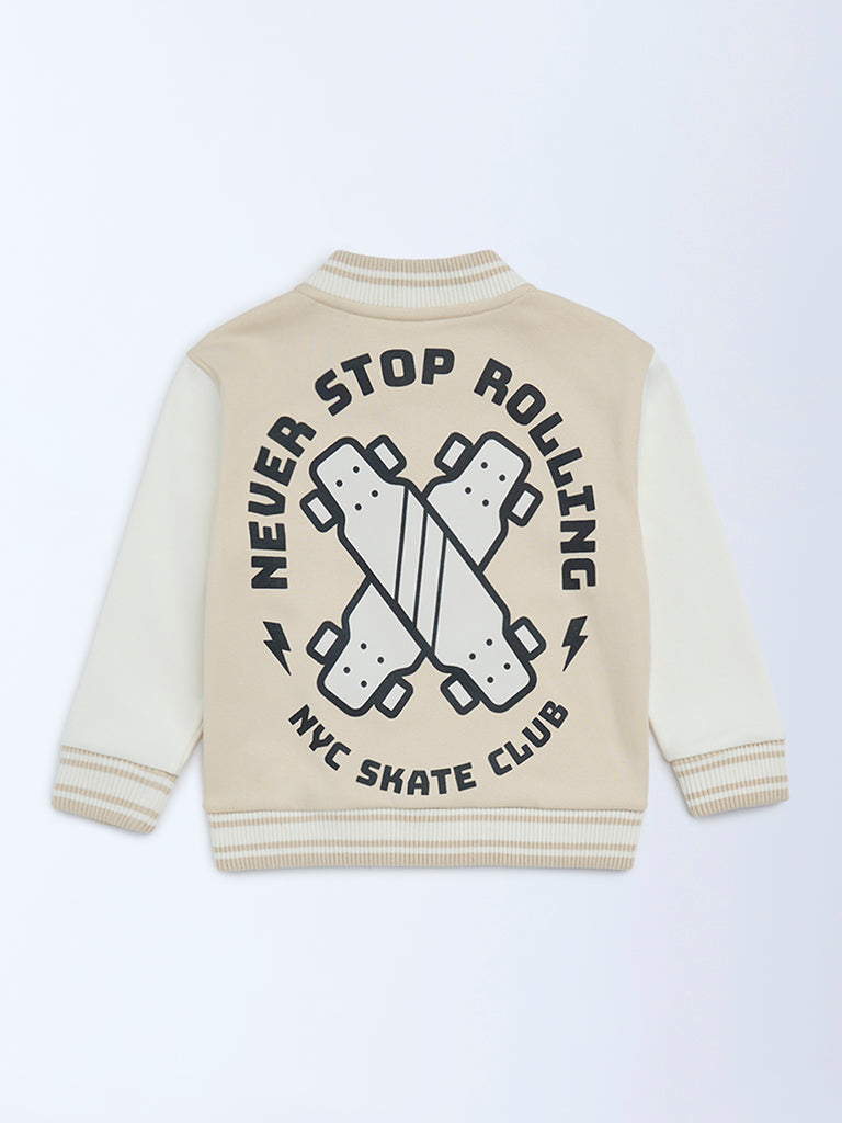HOP Kids Boys Light Beige Printed Cotton-Blend Varsity Jacket