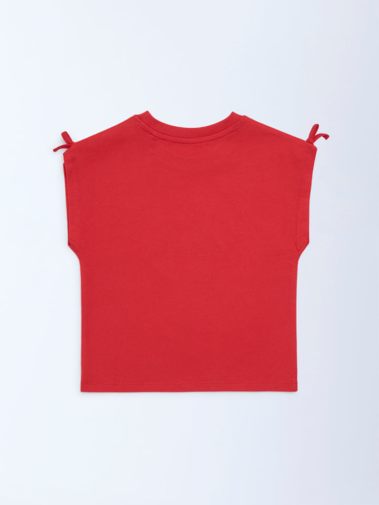 HOP Kids Girls Red Embellished Cotton T-Shirt