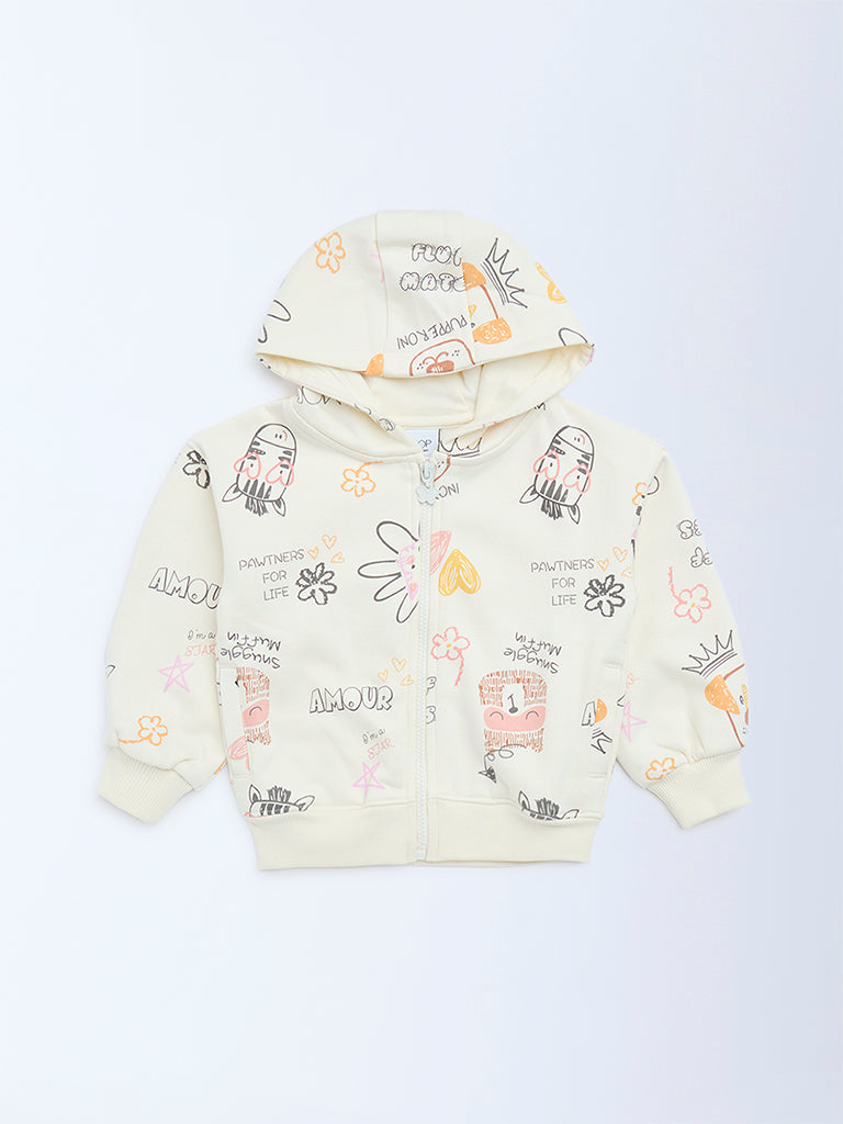 HOP Kids Girls Cream Printed Cotton-Blend Hoodie