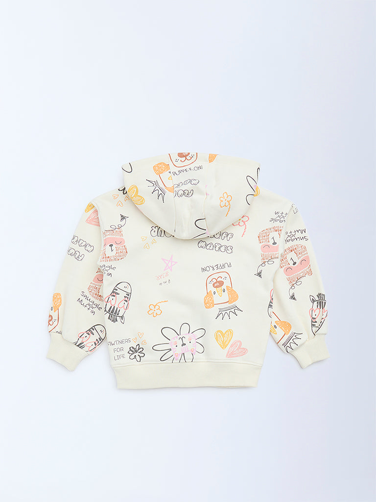HOP Kids Girls Cream Printed Cotton-Blend Hoodie