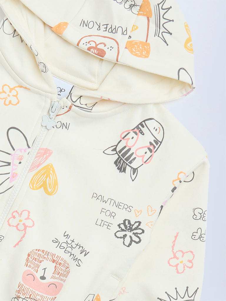 HOP Kids Girls Cream Printed Cotton-Blend Hoodie